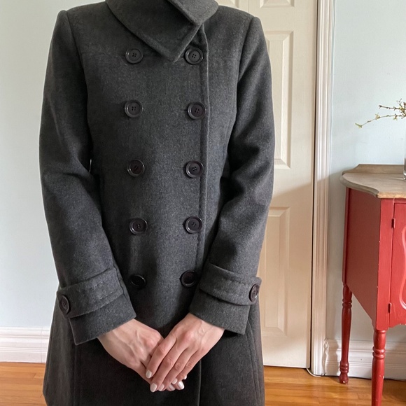 Women's Coat: Aritzia Wilfred Cashmere + Wool Dark Gray Peacoat - Picture 2 of 16